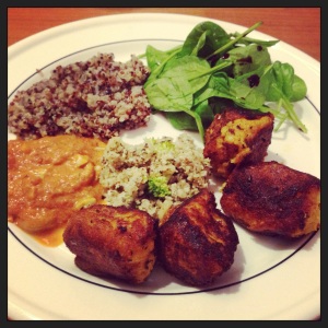 Indian pumpkin balls with spicy cashew tomato sauce and peanut chutney with basil, ginger and garlic